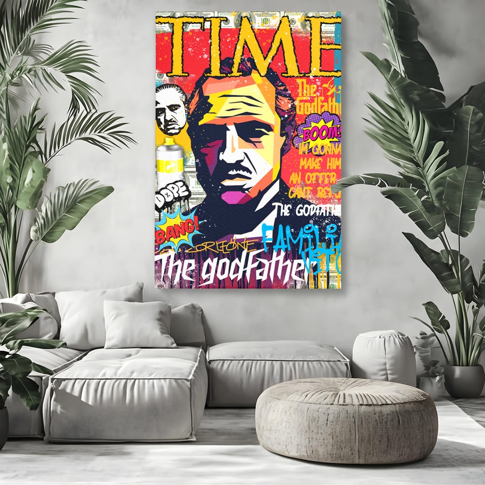 Tablou canvas cu tablou canvas portret mafiot stil pop art, fara rama, pe sasiu de lemn, pe perete intr-un living